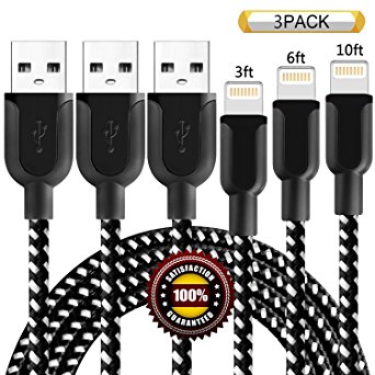 BULESK iPhone Charger 3Pack 3FT 6FT 10FT Nylon Braided Certified Lightning Cable for iPhone X,8 Plus,7,6S,6,SE,5S,5C,5, iPad,Mini,Air Pro, iPod (Black White)