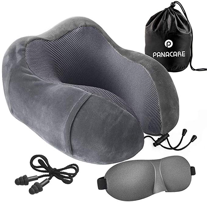 Travel Pillow,PANACARE Neck Pillow with 100% Memory Foam Support,Soft Breathable Pillowcase for Removable Washable, Airplane Travel Kit with 3D Eye Mask, Earplug,Great for Flight Travel Office, Grey