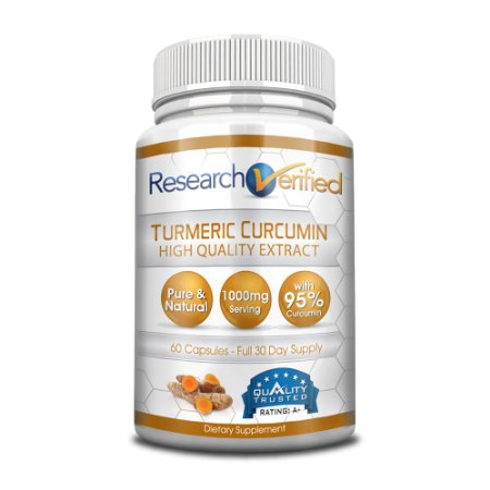 Research Verified Turmeric Curcumin - 60 Capsules - 1 Month Supply - Standardized to 95 - Natural Anti-Inflammatory Antioxydant Pain Relief and Anti-Depressant - 100 Money Back Guarantee