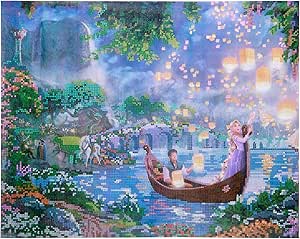 RoseArt Disney Dreams Thomas Kinkade Diamond Art Painting Kits - Tangled Rapunzel Lantern Scene- DIY Diamond Jewel by Number Art 20" x 16" Horizontal Canvas with Wooden Display Hanger