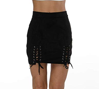 Helisopus Women Sexy Winter High Waist Lace Up Tight Bodycon Faux Suede Short Pencil Mini Skirt