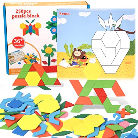 Wooden Pattern Blocks, XREXS Kids Shape Puzzles 250 Pcs, Early Educational Learning Tangram Puzzles Montessori Toys with 10 Double-Sided Jigsaw Cards for Preschool Boys Girls Aged 3 4 5 6 Years Old