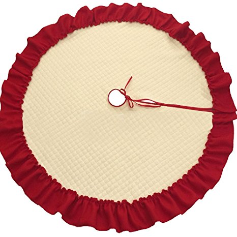 D-FantiX Large Christmas Tree Skirt 48 Inches, Red and Beige Xmas Tree Skirt wtih Red Ruffled Trim Holiday Christmas Decorations