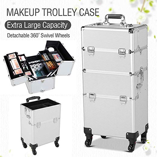 Yaheetech 2-wheel 3-in-1 Professional Multifunction Artist Rolling Trolley Makeup Beauty Train Case Cosmetic Organizer W/shoulder Straps (Silver)