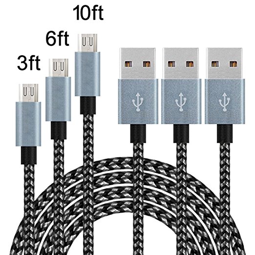 nm-cable Micro USB Cable, 3 Pcs 3FT 6FT 10FT High Speed Nylon Braided USB 2.0 A Male to Micro B Sync and Charge Cable Cord for Android Devices, Samsung Galaxy, Sony, Motorola and More (Black Gray)