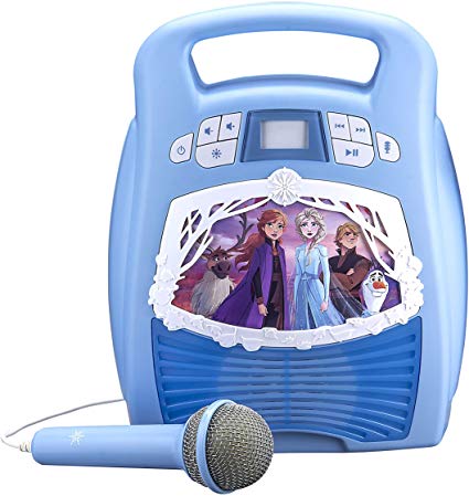 eKids Frozen 2 Bluetooth Portable MP3 Karaoke Machine Player with Light Show Store Hours of Music with Built in Memory Sing Along Using The Real Working Microphone USB Port to Expand Your Content