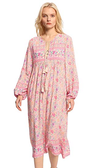 R.Vivimos Women's Long Sleeve Floral Print Retro V Neck Tassel Bohemian Midi Dresses