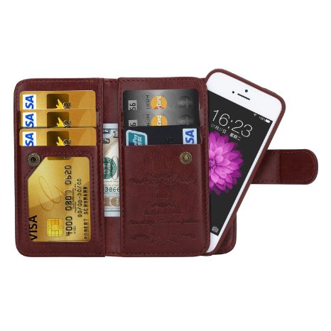iPhone 5 case, iPhone 5s wallet case, BRG [WRISTLET] [6 CARD HOLDER] [MAGNETIC DETACHABLE] PU Leather Folio Flip Credit Card Slots Cash Holder Wrist Strap Case for Apple iPhone 5 5s, 2nd-Brown