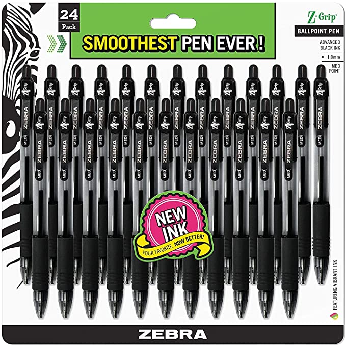 Zebra Pen Z-Grip Retractable Ballpoint Pen, Medium Point, 1.0mm, Black Ink, 24 Pack (Packaging may vary)