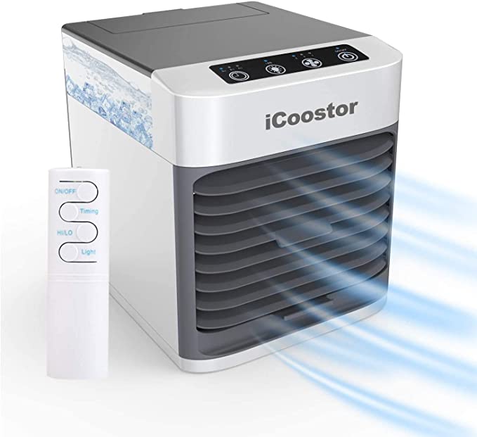 iCoostor Personal Space Air Cooler | Portable Evaporative Air Cooler | Humidifier with Touch Button & Remote Control & 3 Speed Levels &7 LED Light & Waterless Protect & Timer (Gray)