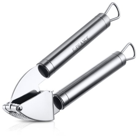Garlic Press, [2nd Generation Easy to Clean] E-PRANCE Stainless Steel Kitchen Garlic and Ginger Mincer,Crusher with Zinc Alloy Construction, Anti-slip Handle and Effortless Leverage Mechanism - Silver