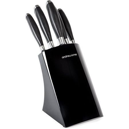 Andrew James Premium 5 Piece Stainless Steel Knife Set With Black Easy Grip Coloured Handles And Black Stainless Steel Storage Block