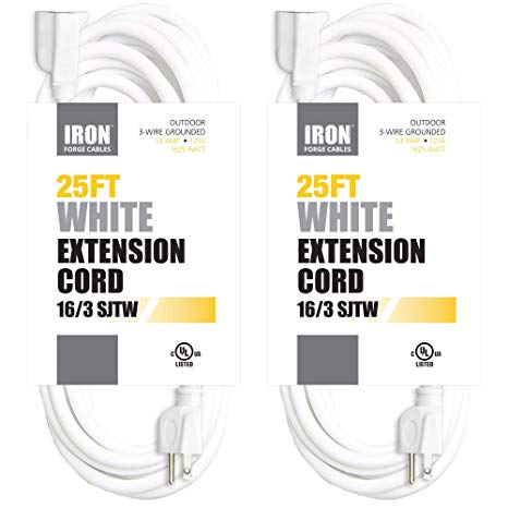 25 Ft White Extension Cord 2 Pack - 16/3 Durable Electrical Cable