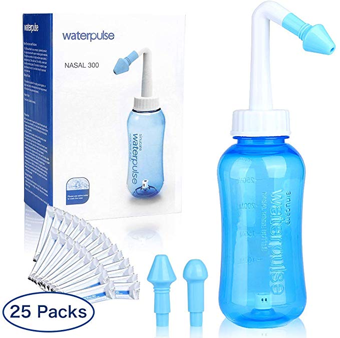 Sinus Rinse, 300ml Adjustable Hydro Nasal Wash Cleaner, Sinus Irrigation System with 25 Packets Nose Wash Salt, Nasal Wash Bottle with Salt for Allergies & Sinus,for Adult and Kids