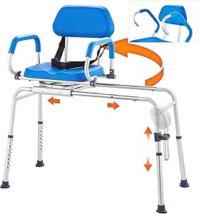 VEVOR Sliding Tub Transfer Bench with 360 Degree Swivel Seat, Sliding Shower Chair with Pivoting Armrest & Padded Seat and Safety Belt, Height Adjustable Bath Chair for Elderly Disabled, 330LBS