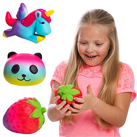 GirlZone GIFTS FOR GIRLS: Set Of 3 Slow Rising Squishies, Unique Colours, Stress Reducing, Scented Unicorn, Strawberry & Panda Squishy