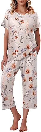 Ekouaer Women's Capri Pajama Sets Floral Print Short Sleeve Sleepwear Top and Capri Pants 2 Piece Loungewear with Pockets