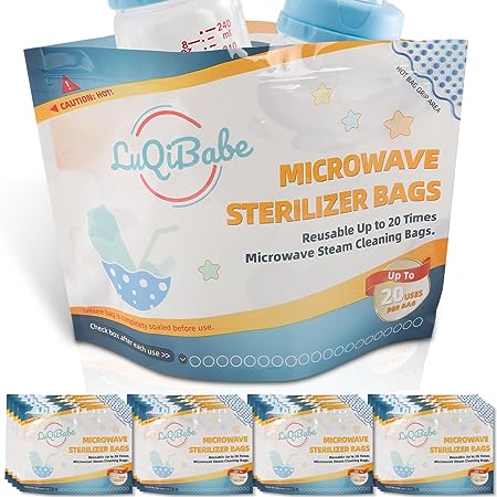 (20-Pack) Microwave Baby Bottle Sterilizer Bags - Reusable Up to 20 Times Teether, Soother, Breast Pump, and Baby Bottle Microwave Steam Cleaning Bags - Baby Bottle Cleaner Travel Accessory