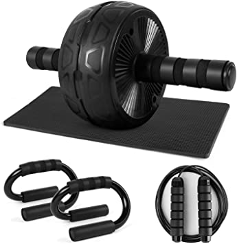 Odoland 4-in-1 Large Size Ab Roller Wheel Set with S Shaped Push Up Bars, Durable Jump Rope, Non Slip Knee Pad, Core Workout Equipment for Home Gym Strength Training and Abdominal Exercise