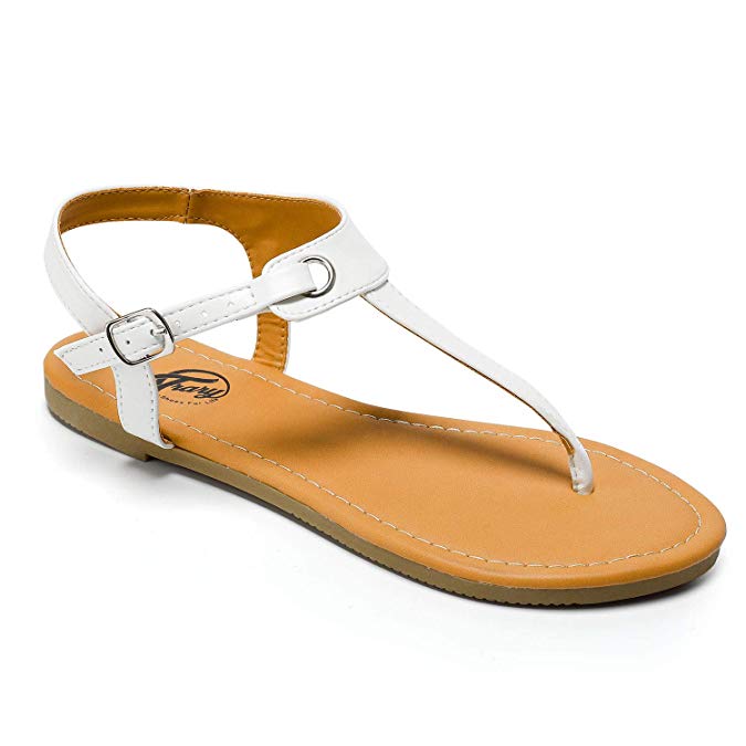 Trary Open Toe Strap Tong and Buckle Flat Sandals for Women