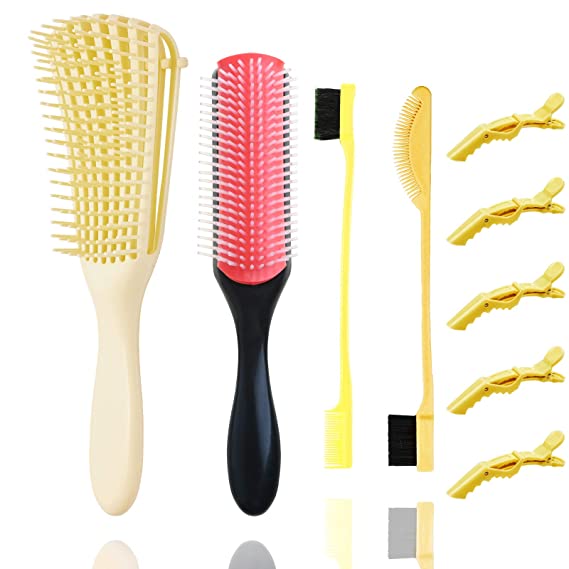 4 Pieces 9-Row Cushion Nylon Bristle Shampoo Brush  Detangling Brush Set with 2 different Edge Brush Double Sided   5 Hair Clips for Blow-Drying–Separating—Shaping & Defining Curls - Beige