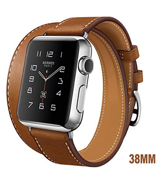 Apple Watch Band, WAPAG Double Tour Genuine Leather, Sport Style Replacement Band Wrist Bracelet Strap for Apple iWatch (Light Brown 38mm)