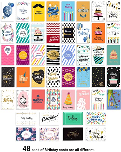 Birthday Cards Bulk Assortment - 48 Pack Unique Designs - Birthday Cards Box Set - Blank Birthday Cards Envelopes Included - 4 x 6 Inches Assorted Cards for Men Women Kids- Home Office-Bday Cards
