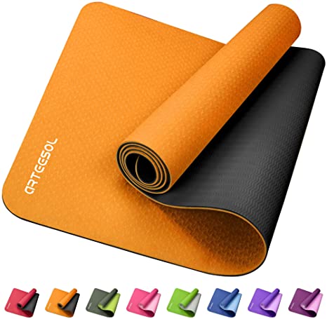 Arteesol Yoga Mat, Non Slip Exercise Mat, Anti-Tear Fitness Mat,with Carrying Strap , Eco Friendly TPE Double-Sided Yoga Mats High Density, 1/4 inch（6mm) Thick for Yoga, Pilates, Fitness & Workout Gymnastics