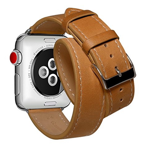 Apple Watch Band 42mm, Marge Plus Genuine Leather Double Tour iwatch Strap Replacement Band with Stainless Metal Clasp for Apple Watch Series 3 Series 2 Series 1 Sport and Edition, Brown