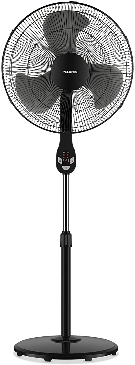 PELONIS 18" Quiet Oscillating Pedestal Fan with LED Display, Remote Control, 3 Speeds and Modes, 7.5h Programmed Timer for Home and Office, Glossy Black