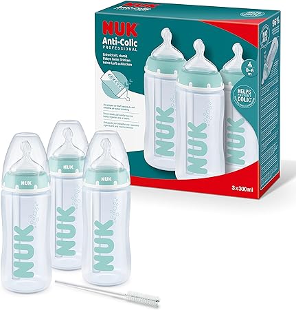 NUK First Choice  Anti Colic Professional Baby Bottles Set | 0-6 Months | Temperature Control | 300 ml | BPA-Free | Silicone Teat | Blue | 3 Count