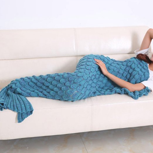 AIGUMI Handmade Knitted Mermaid Tail Blanket ，Warm Sofa Quilt Living room blanket for Adults and Kids 190cmX90cm（74.8 inch x35.4 inch ) (Lake Blue)