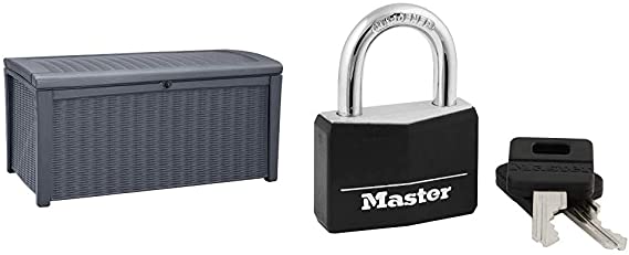 Keter Borneo 110 Gallon Resin Deck Box-Organization and Storage for Patio Furniture Outdoor Cushions, Throw Pillows, Grey & Master Lock 141D Covered Aluminum Keyed Padlock, 1 Pack, Black