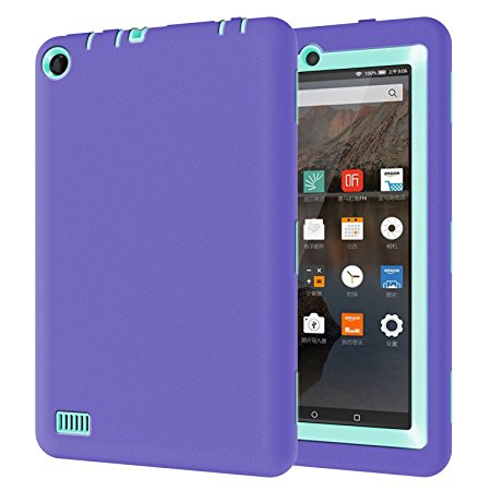 Hocase Fire 7 Case - Double Layer Rugged Shockproof Protective Cover Case For Amazon Fire 7 Inch Tablet (5th Generation - 2015 release Only) - Purple / Mint Green