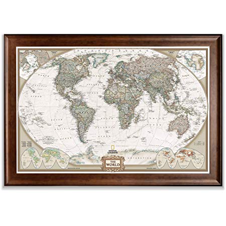 Renditions Gallery Dark Walnut Frame Executive National Geographic World Travel Map with Push Pins, Wall Art for Living Room, Bedroom, Office, 28x40