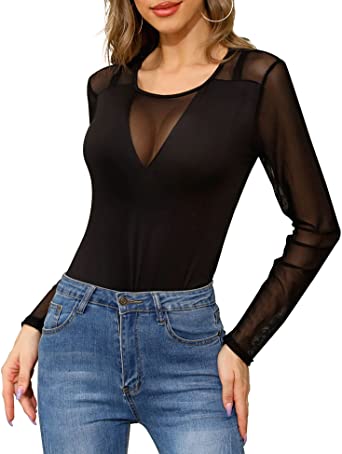 Womens Long Sleeve Mesh Top Sexy See Through Sheer Blouse Black Mesh Shirts Clubwear