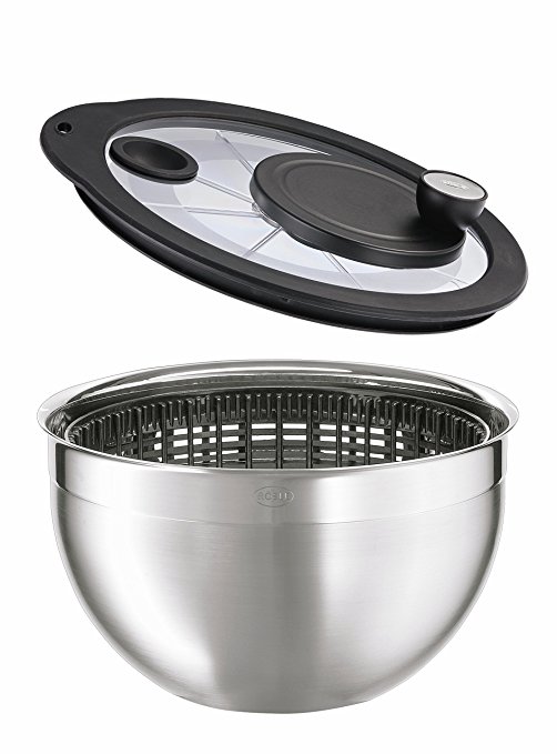 Rösle Salad Spinner, Bowl, Stainless Steel, Transfer Rate 7:1, Lid of Unbreakable Glass, 15695