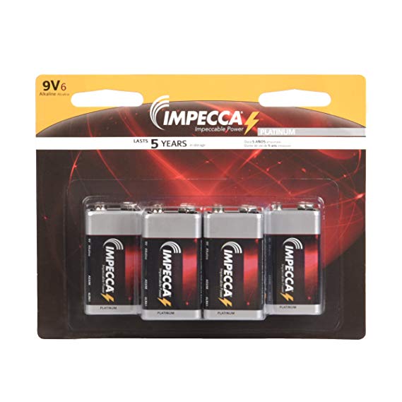 IMPECCA 9 Volt Batteries, All Purpose Alkaline Battery (6-Pack) High Performance, Long Lasting 9V Battery, Leak Resistant 6-Count 6LR61 - Platinum Series
