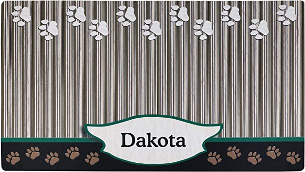 Drymate Personalized Pet Bowl Placemat, Custom Dog & Cat Food Feeding Mat - Absorbent Fabric, Waterproof Backing - Machine Washable/Durable (USA Made) (16" x 28") (Green Tan Paw)