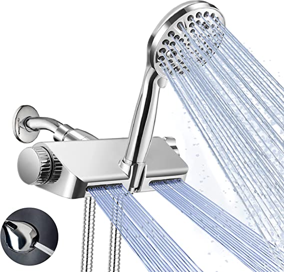 Surpzon Dual 2 in 1 Rain Shower Head with Handheld Combo, High Pressure 9 Spray Settings Shower Head with 1 Filtered Fixed Shower Head in All-Chrome Finish for Bath Tubs Tiles Walls Pets Cleaning