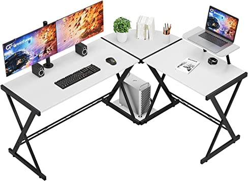 GreenForest L Shaped Desk 58" Reversible Corner Computer Desk with Movable Shelf and CPU Stand, Gaming Desk with Sturdy X Leg Space Saving Home Office Workstation Table, White