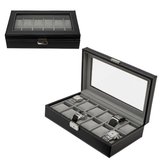 Watch Box Large 12 Mens Black Leather Display Glass Top Jewelry Case Organizer