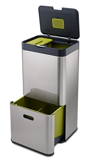 Joseph Joseph 30022 Intelligent Waste Totem Trash Can and Recycler Unit Garbage Can Recycling Bin Stainless Steel, 16-gallon, Silver