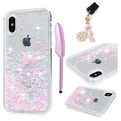 iPhone X Case, MOLLYCOOCLE Clear Hybrid Quicksand Case Soft TPU Frame PC Hard Plastic Back 3D Bling Sparkle Shiny Glitter Cover Star Flowing Liquid Shockproof Skin Shell for iPhone X, White