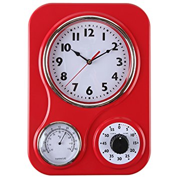 Lilyshome Retro Kitchen Wall Clock With a Thermometer and 60 Minutes Timer - Red