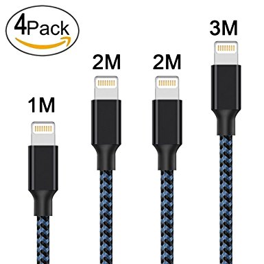 Lightning Cable,ONSON® 4Pack 1m 2m 3m Extra Long Nylon Braided Apple iPhone Charger Cable Charging Lead Cord USB Wire for Apple iPhone 8 / 8 Plus / 7 / 7 Plus / 6S / 6S Plus / 6 / 6 Plus / 5 / 5S / 5C / SE, iPad Pro / Air / Mini, iPod Touch 5/6 (Black Blue)