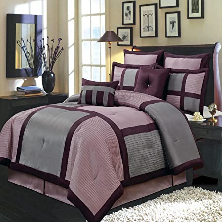 Morgan Purple and Gray King Size Luxury 8 Piece Comforter Set Includes Comforter, Bed Skirt, Pillow Shams, Decorative Pillows