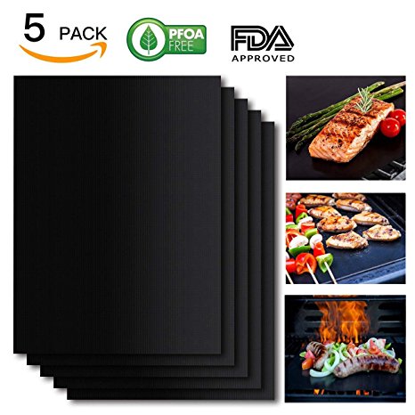 Grill Mat Set of 5- 100% Non-stick BBQ Grill & Baking Mats Ianko - FDA-Approved, PFOA Free, Reusable and Easy to Clean - Works on Gas, Charcoal, Electric Grill and More - 15.75 x 13 Inch (Black Set)