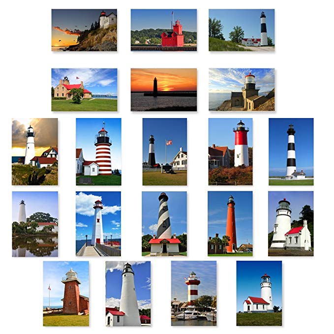 LIGHTHOUSES postcard set of 20 postcards. U.S. lighthouse theme post card variety pack. Made in USA.