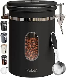 Veken Coffee Canister with Window, Airtight Stainless Steel Kitchen Food Storage Container with Date Tracker and Scoop for Grounds Coffee, Beans, Tea, Flour, Cereal, Sugar, 22OZ，Black